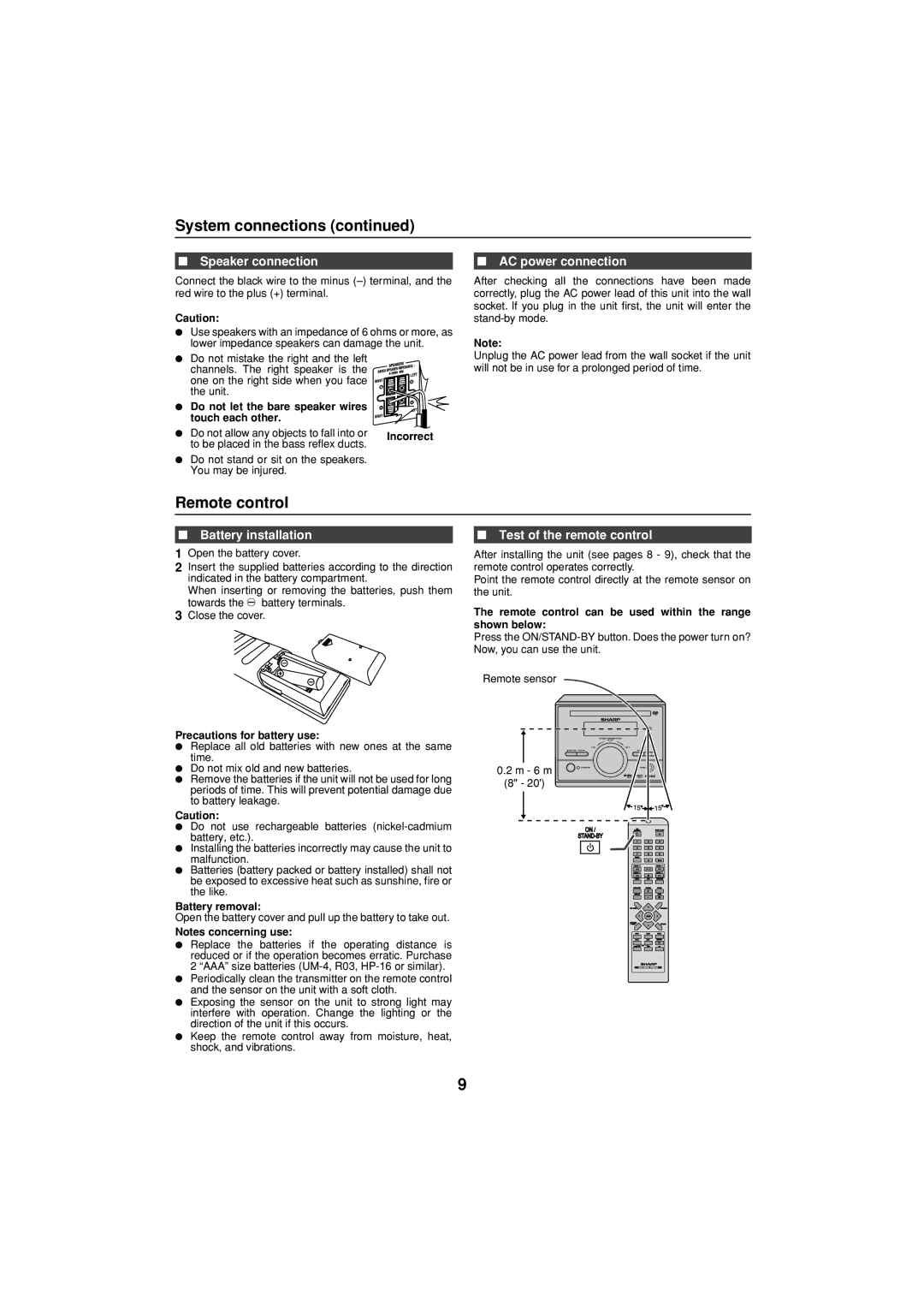 Sharp XL-DV75H Remote control, Speaker connection, AC power connection, Battery installation, Test of the remote control 