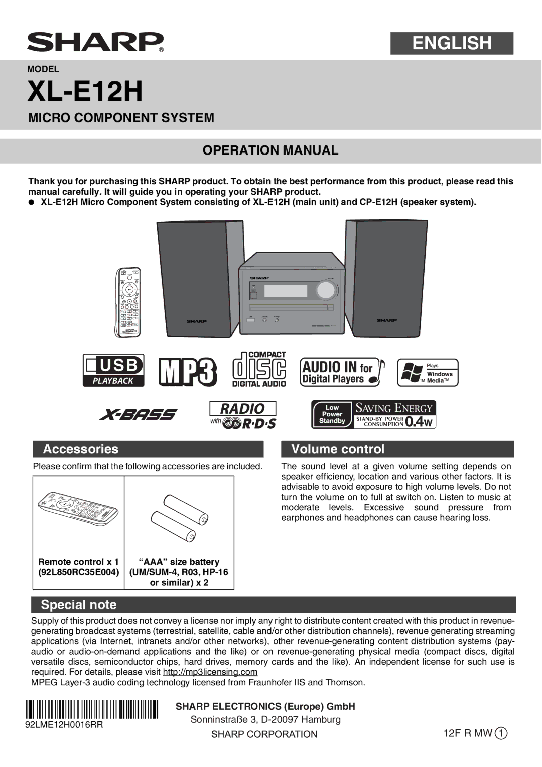 Sharp XL-E12H operation manual Accessories, Volume control, Special note, Remote control x AAA size battery 92L850RC35E004 