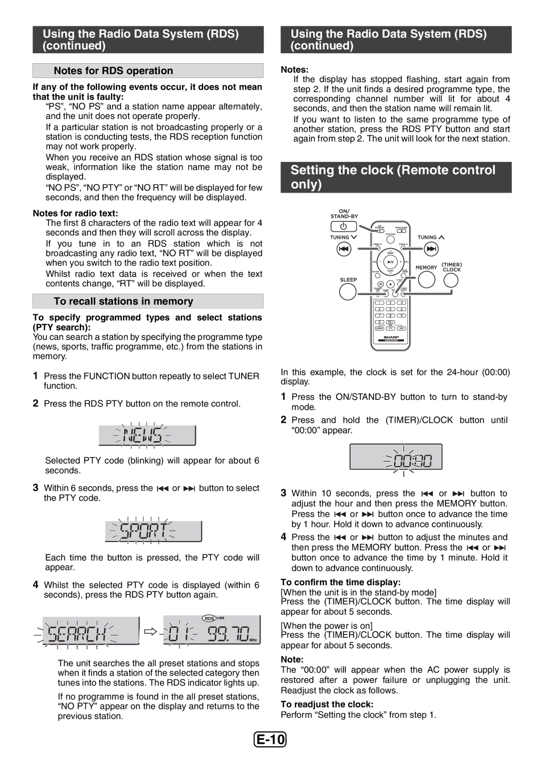 Sharp XL-E12H Setting the clock Remote control only, To recall stations in memory, To confirm the time display 