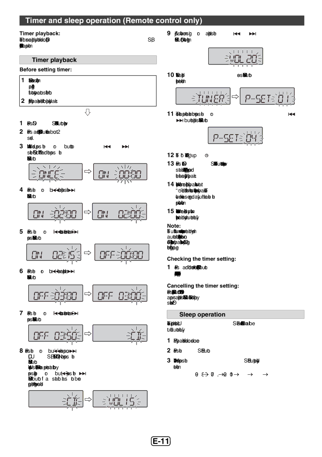 Sharp XL-E12H operation manual Timer and sleep operation Remote control only, Timer playback, Sleep operation 