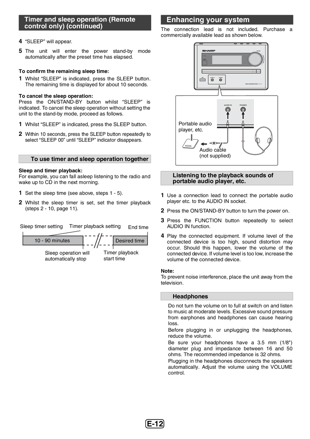 Sharp XL-E12H operation manual Enhancing your system, Timer and sleep operation Remote control only, Headphones 