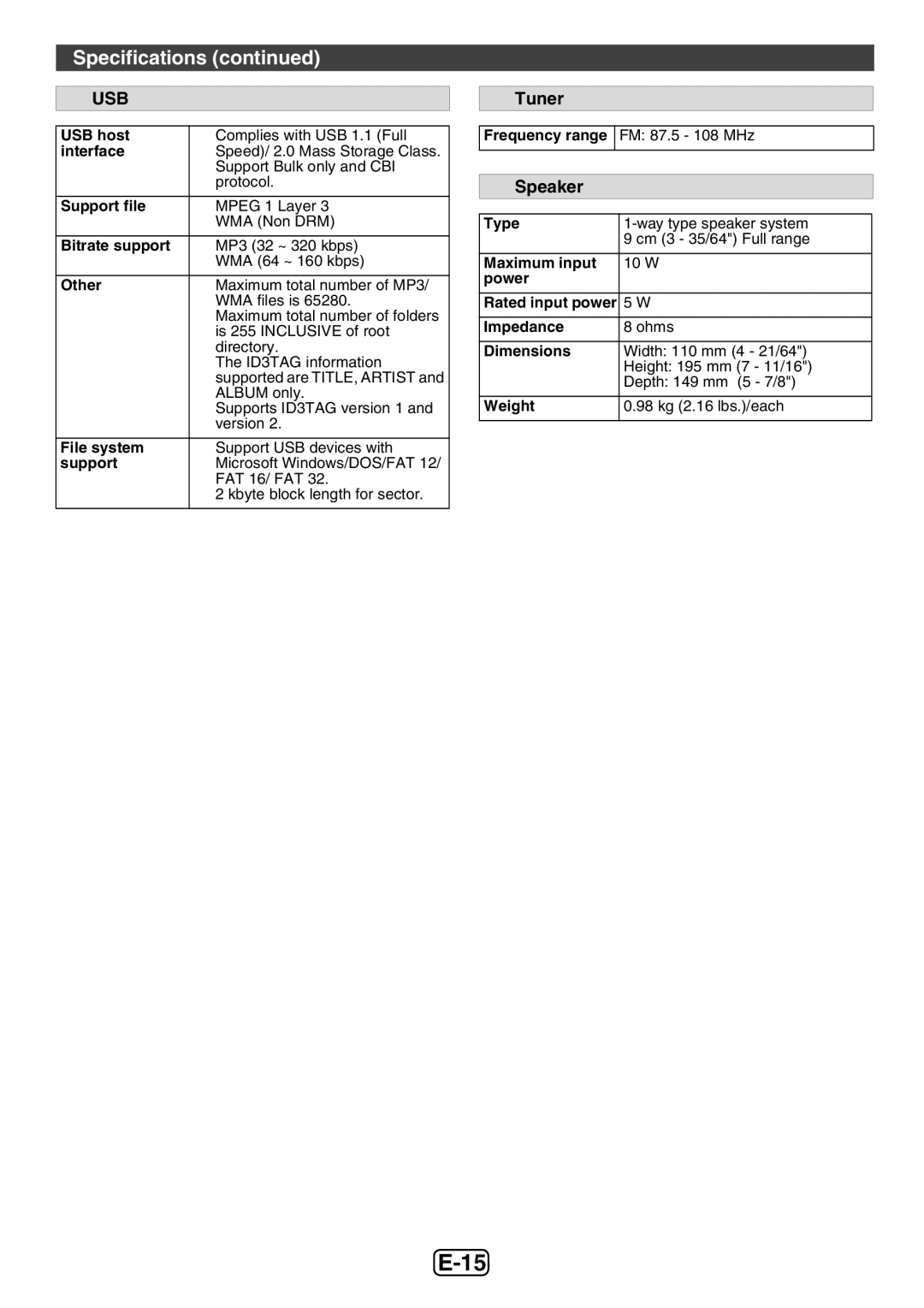 Sharp XL-E12H operation manual Specifications, Speaker 