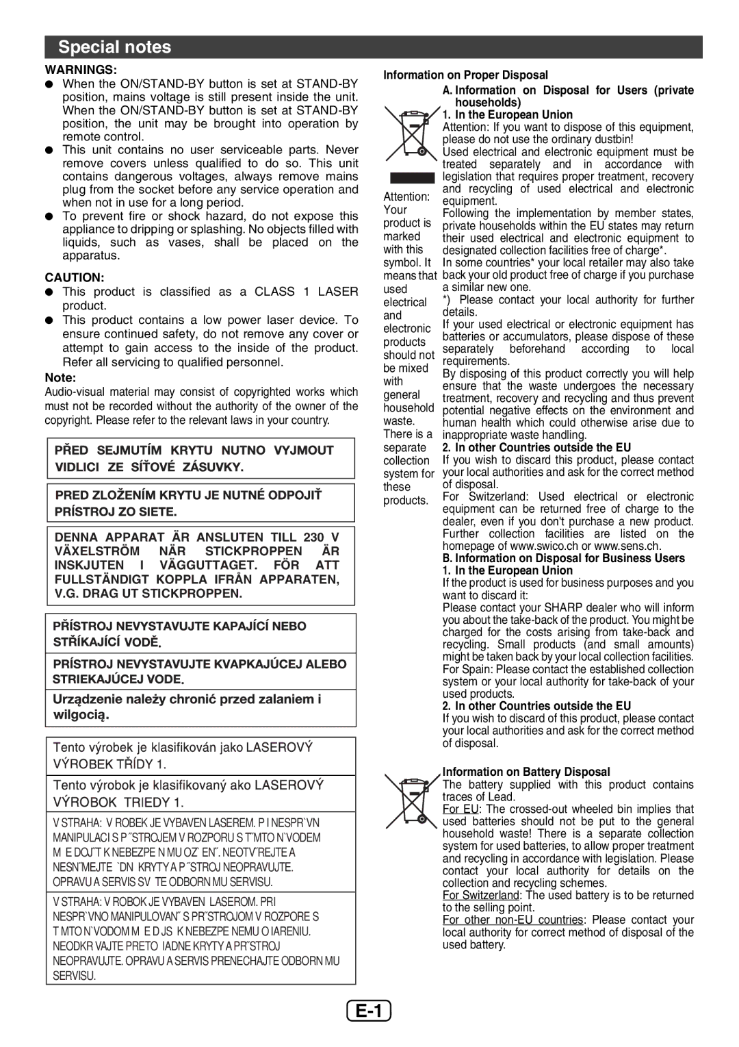 Sharp XL-E12H Special notes, Households European Union, Other Countries outside the EU, Information on Battery Disposal 