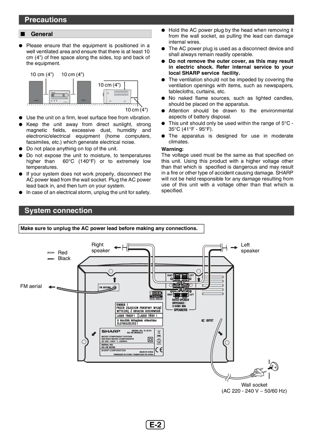 Sharp XL-E12H operation manual Precautions, System connection, General 