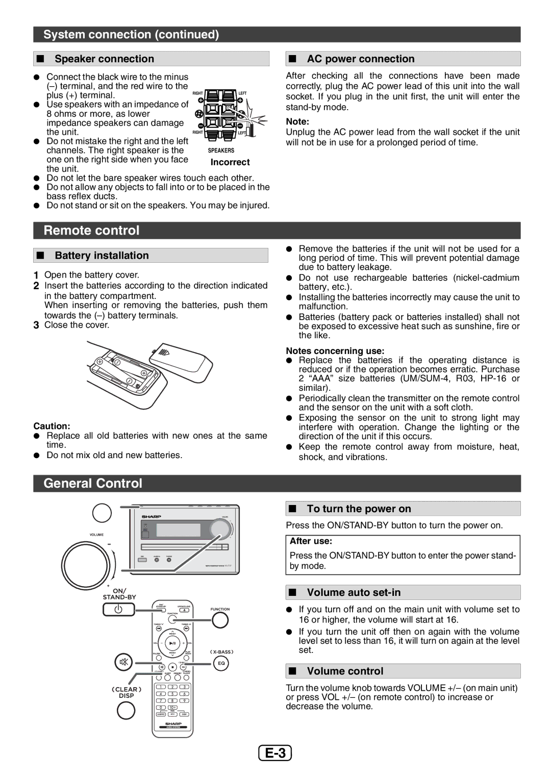 Sharp XL-E12H operation manual Remote control, General Control, System connection 