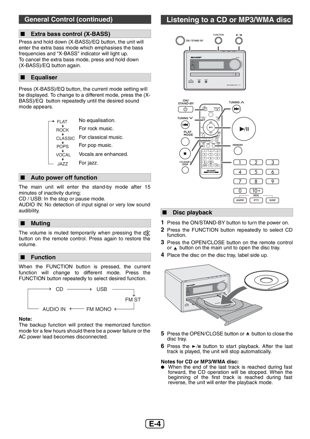 Sharp XL-E12H operation manual Listening to a CD or MP3/WMA disc, General Control 