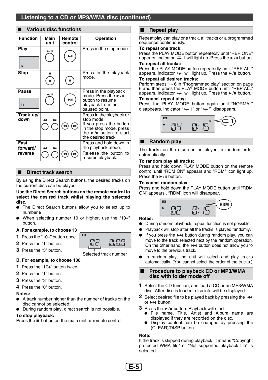 Sharp XL-E12H Listening to a CD or MP3/WMA disc, Various disc functions, Direct track search, Repeat play, Random play 