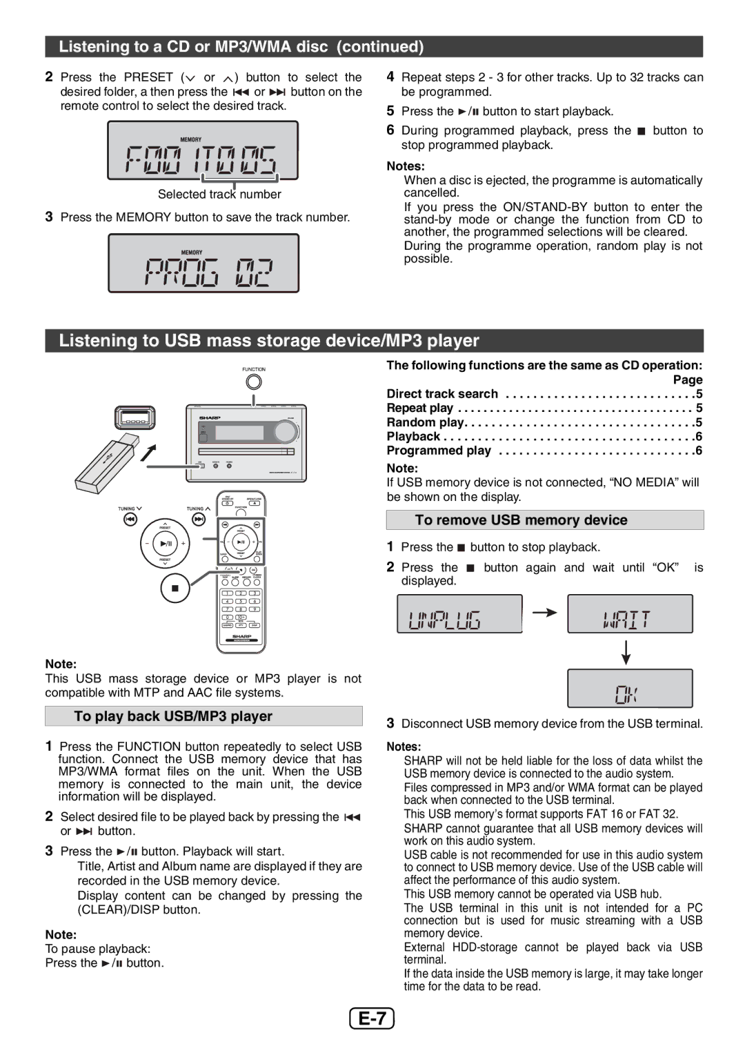 Sharp XL-E12H Listening to USB mass storage device/MP3 player, To play back USB/MP3 player, To remove USB memory device 