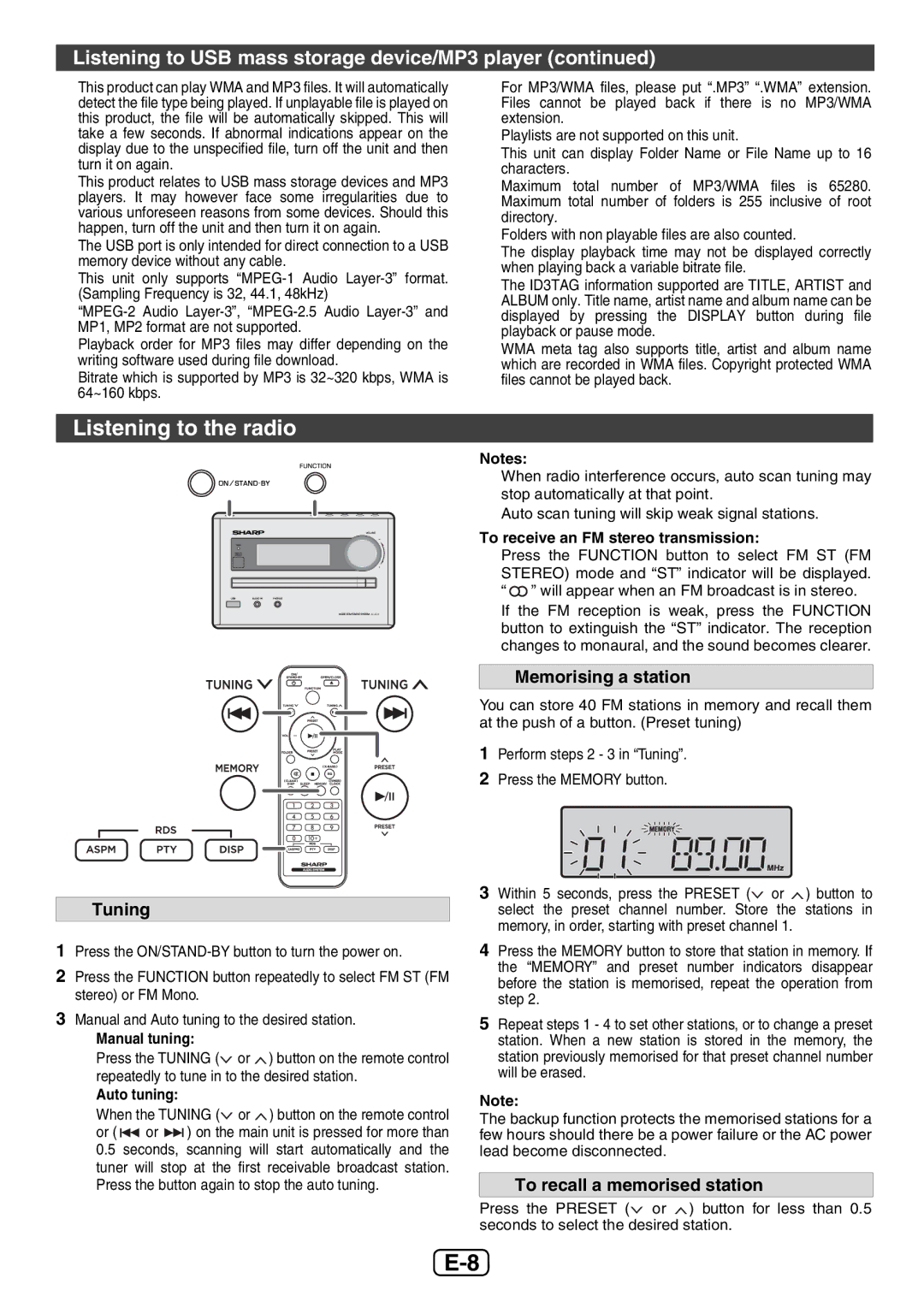 Sharp XL-E12H Listening to the radio, Listening to USB mass storage device/MP3 player, Tuning, Memorising a station 