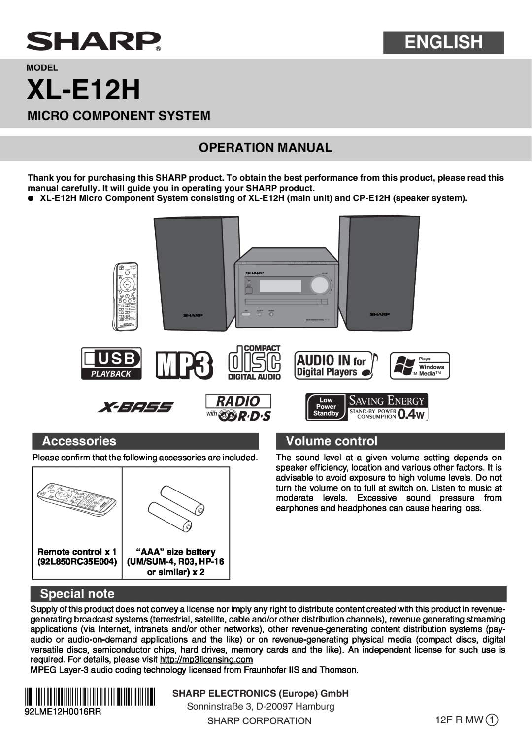 Sharp XL-E12H operation manual Accessories, Volume control, Special note, Sonninstraße 3, D-20097Hamburg, English 