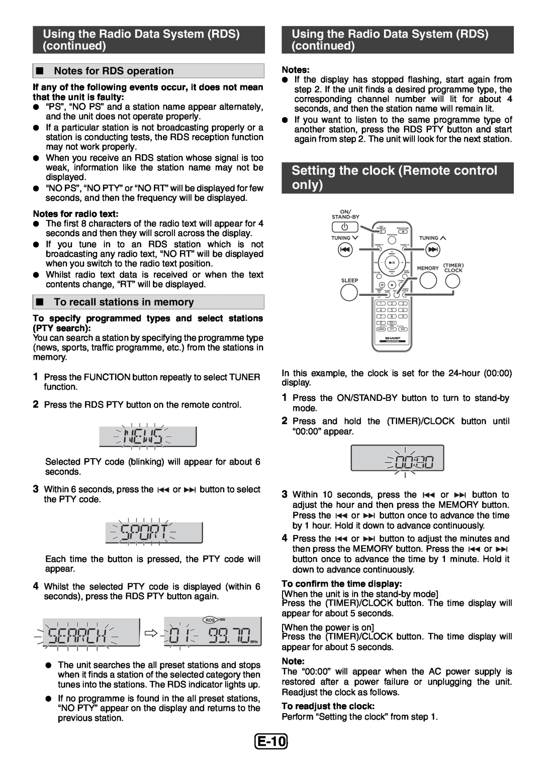 Sharp XL-E12H E-10, Setting the clock Remote control only, Notes for RDS operation, To recall stations in memory 