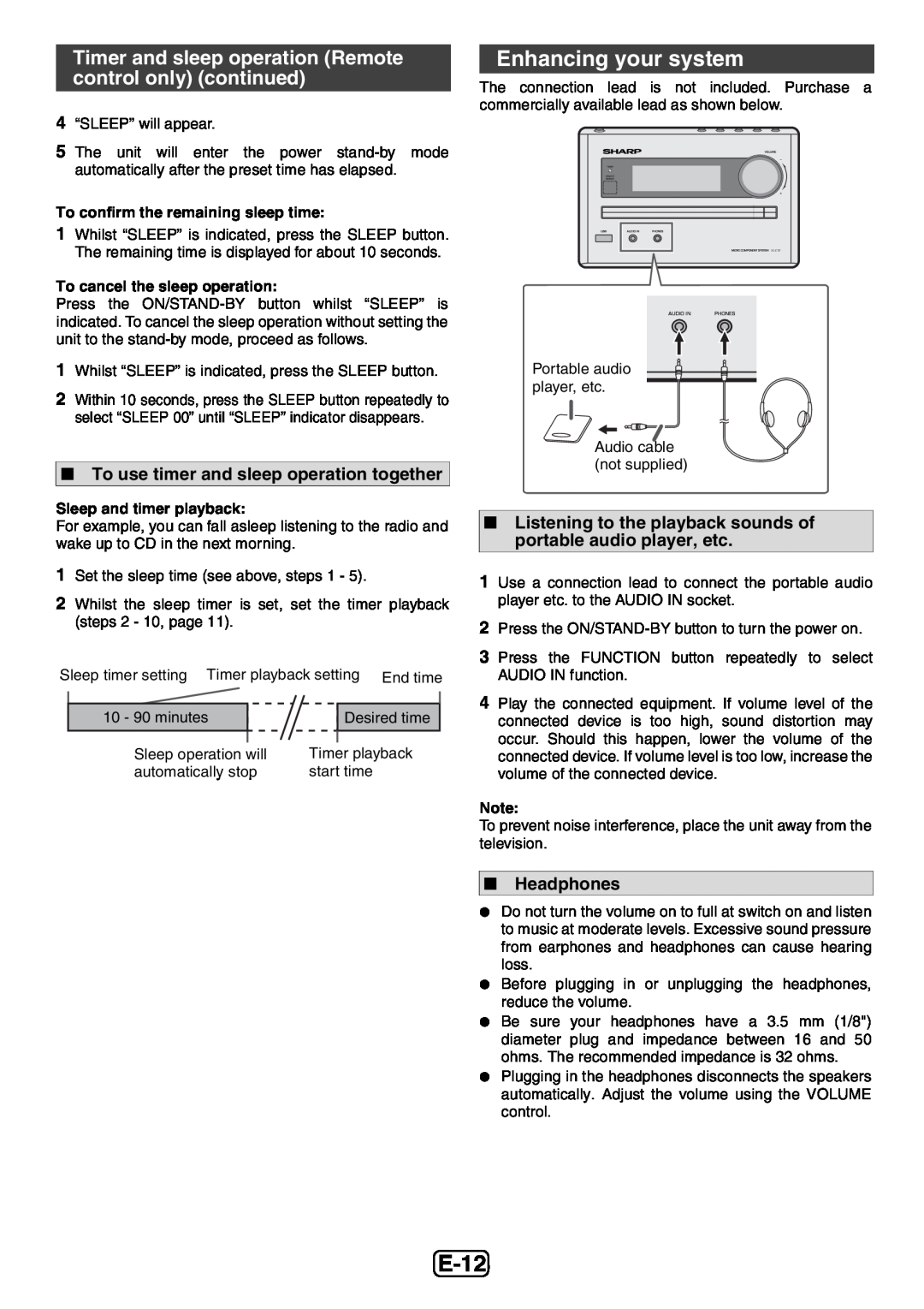 Sharp XL-E12H operation manual E-12, Enhancing your system, To use timer and sleep operation together, Headphones 