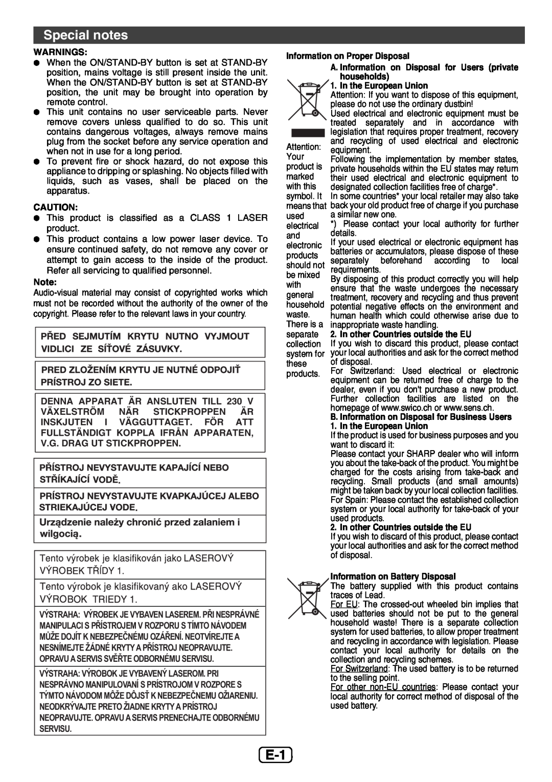 Sharp XL-E12H operation manual Special notes 