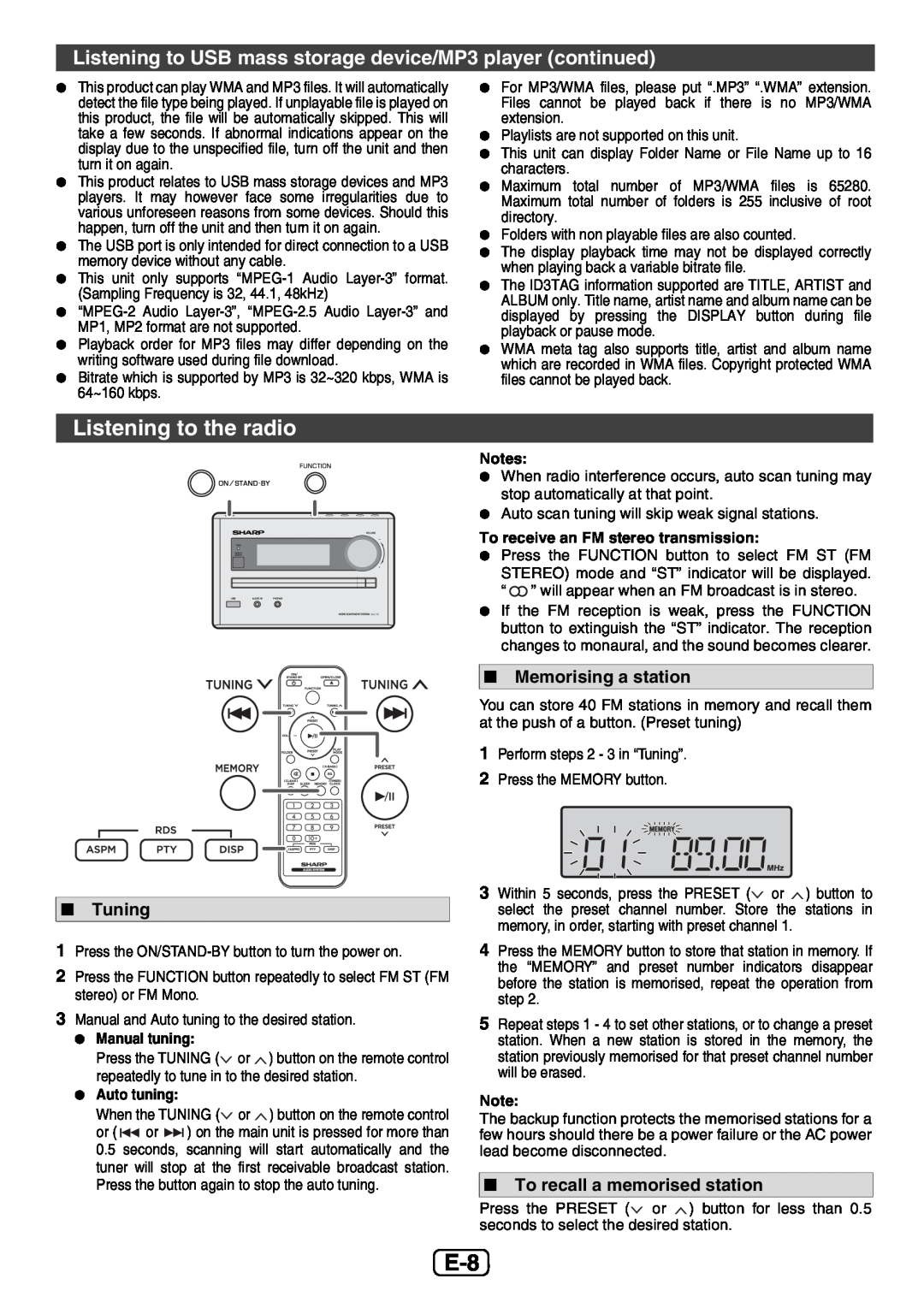 Sharp XL-E12H operation manual Listening to the radio, Tuning, Memorising a station, To recall a memorised station 