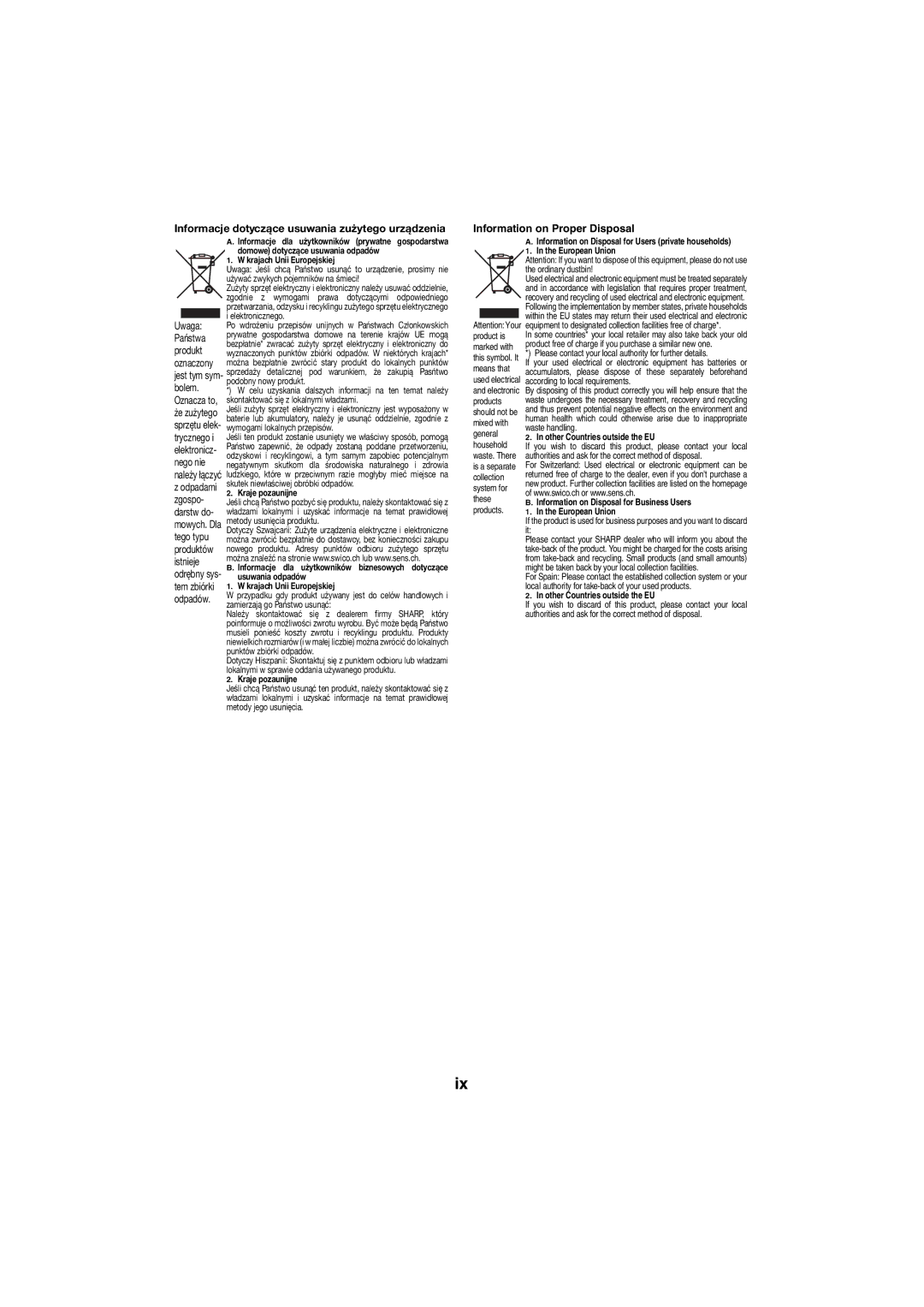 Sharp XL-HF151PH(S), XL-HF151PH(BK) operation manual Information on Proper Disposal, Other Countries outside the EU 