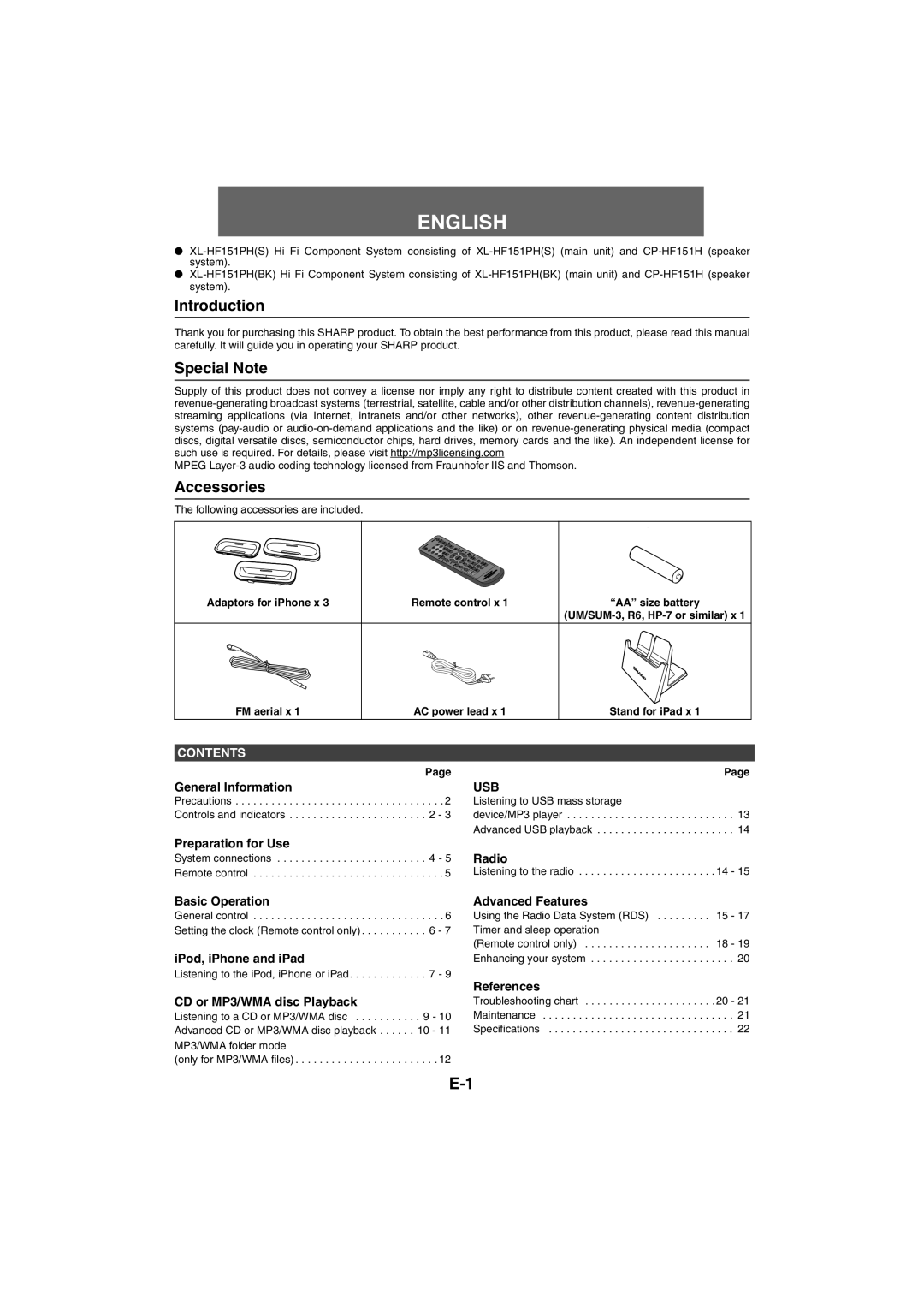 Sharp XL-HF151PH(S), XL-HF151PH(BK) operation manual Introduction, Special Note, Accessories 