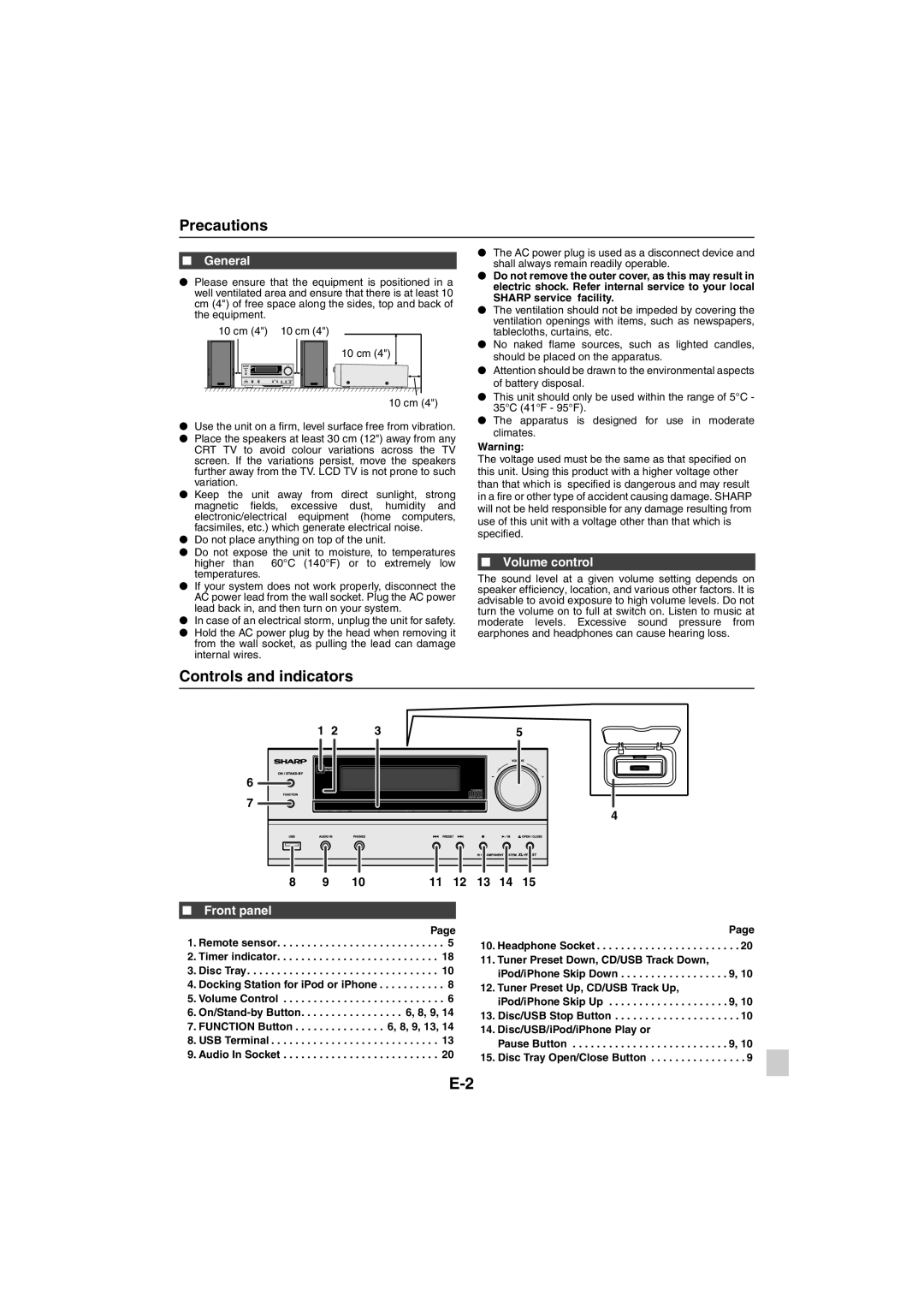 Sharp XL-HF151PH(BK), XL-HF151PH(S) Precautions, Controls and indicators, General, Volume control, Front panel 