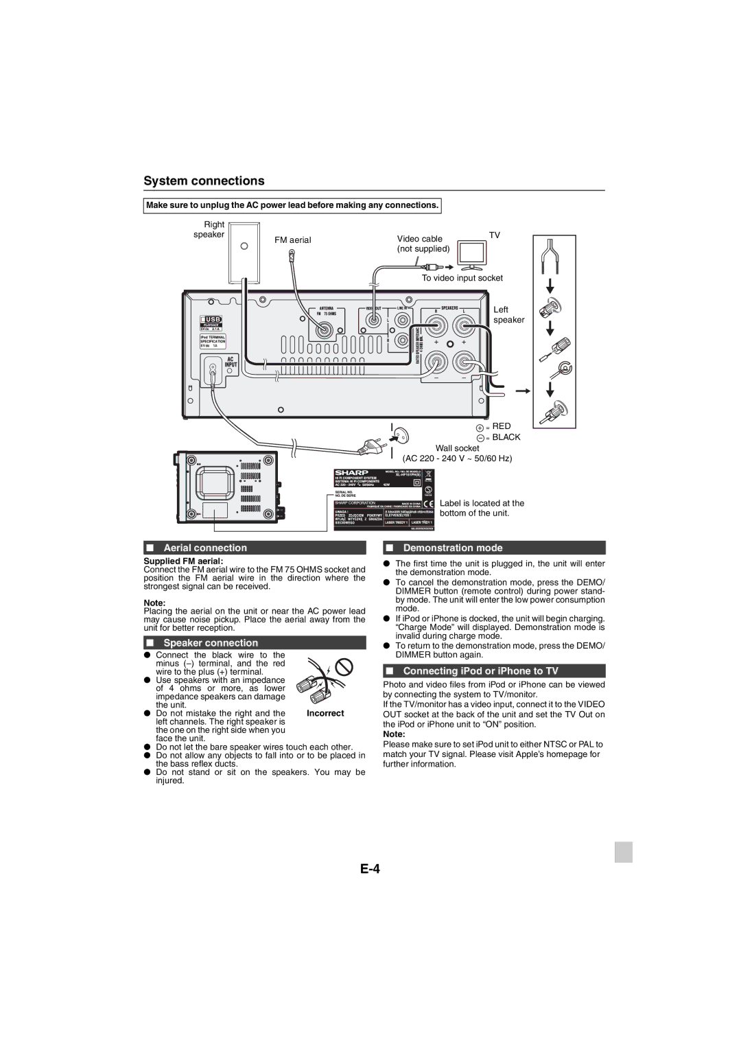 Sharp XL-HF151PH(BK), XL-HF151PH(S) System connections, Aerial connection, Speaker connection, Demonstration mode 