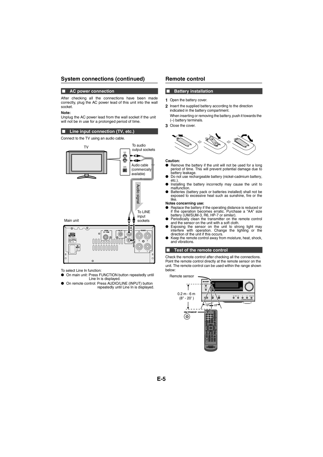 Sharp XL-HF151PH(S) Remote control, AC power connection, Line input connection TV, etc, Battery installation 