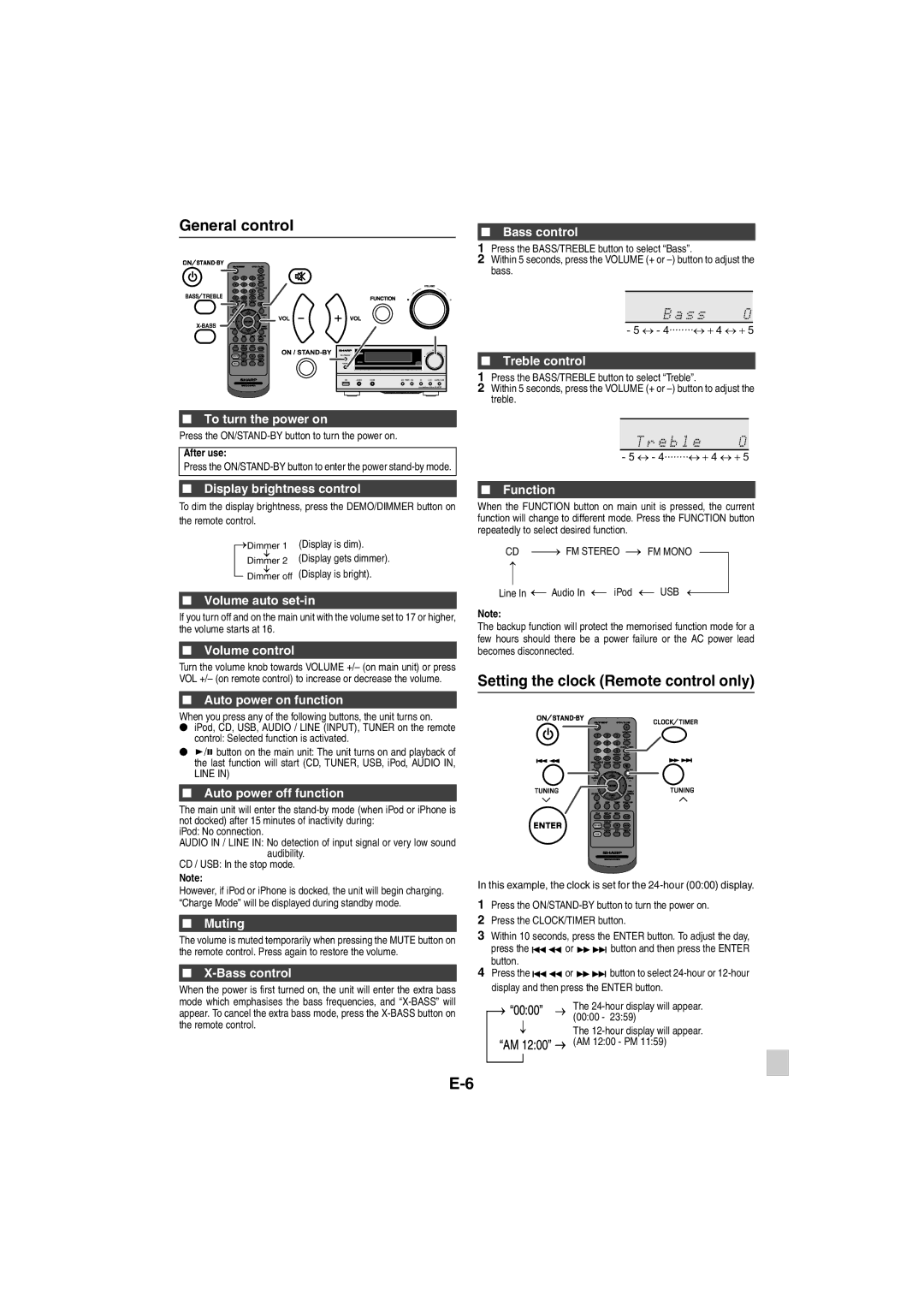 Sharp XL-HF151PH(BK), XL-HF151PH(S) operation manual General control, Setting the clock Remote control only 