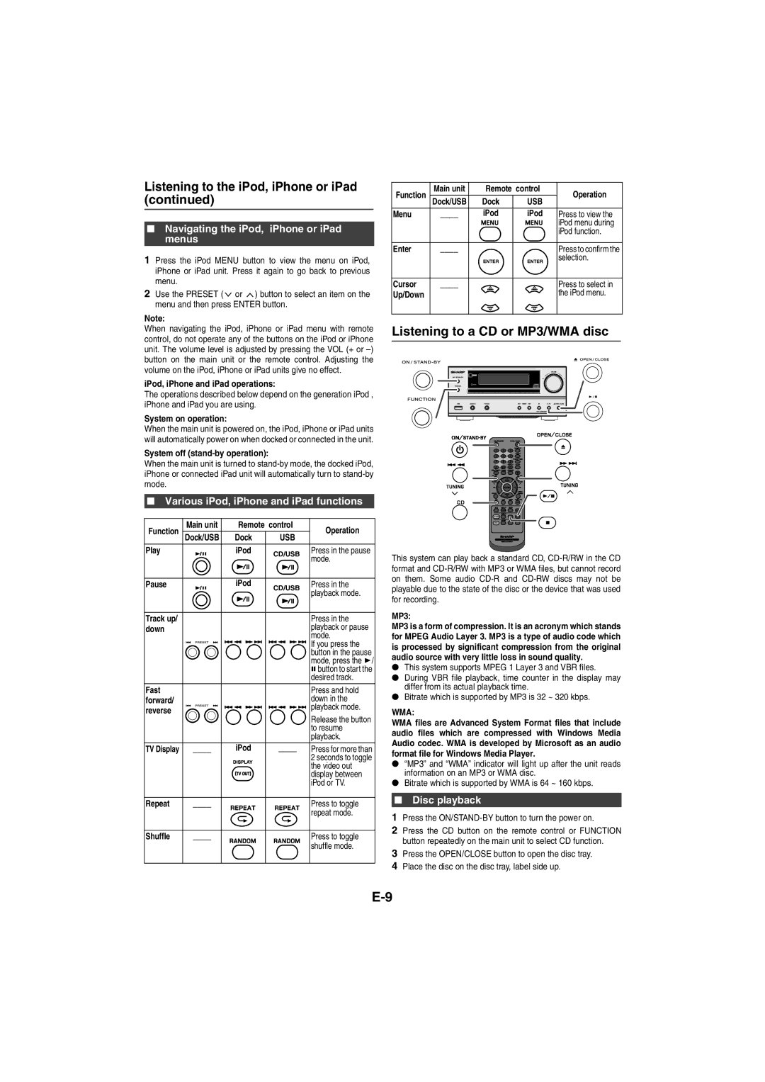 Sharp XL-HF151PH(S) Listening to a CD or MP3/WMA disc, Navigating the iPod, iPhone or iPad menus, Disc playback 