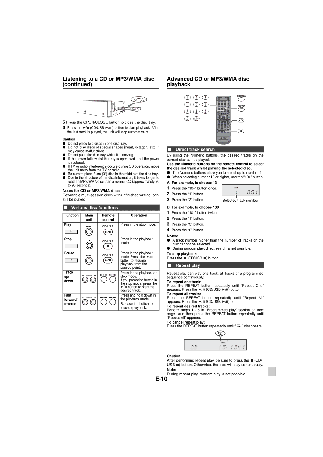 Sharp XL-HF151PH(BK), XL-HF151PH(S) operation manual Various disc functions, Direct track search, Repeat play 