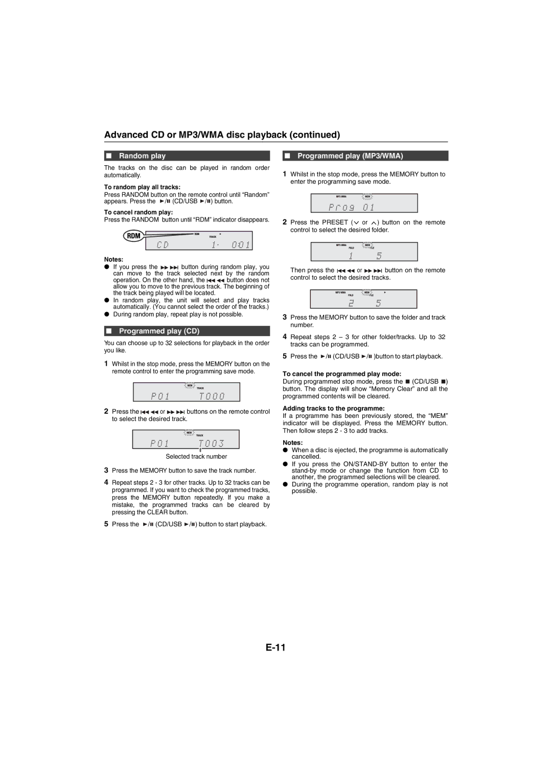 Sharp XL-HF151PH(S), XL-HF151PH(BK) operation manual Random play, Programmed play CD, Programmed play MP3/WMA 