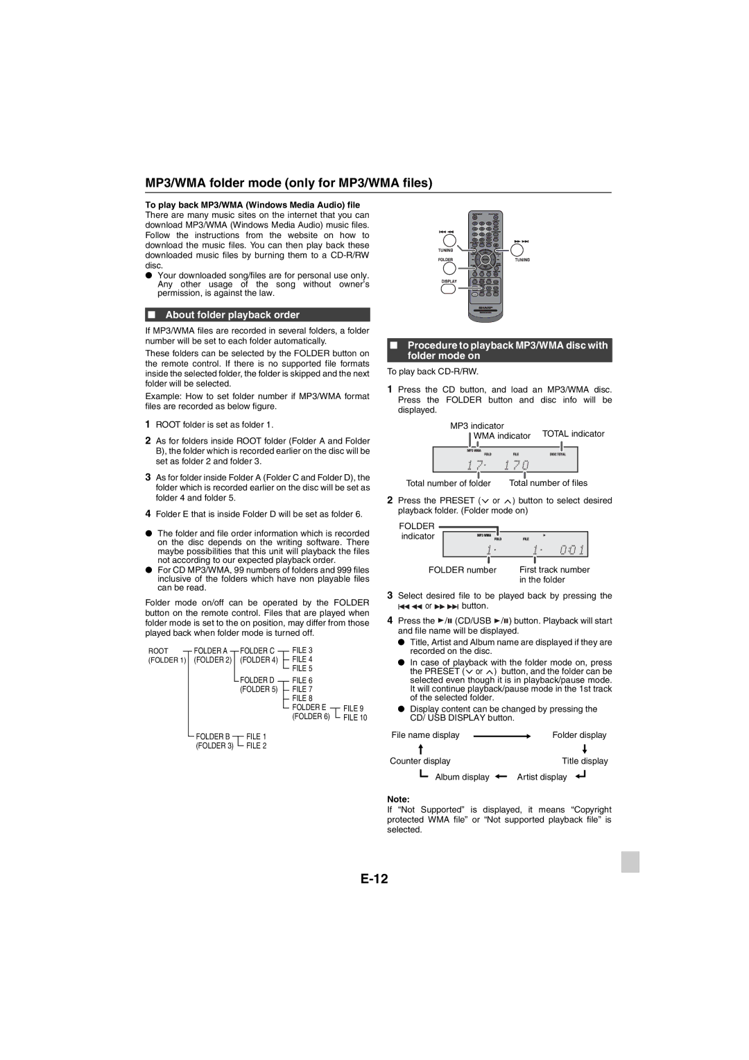 Sharp XL-HF151PH(BK), XL-HF151PH(S) operation manual MP3/WMA folder mode only for MP3/WMA files, About folder playback order 