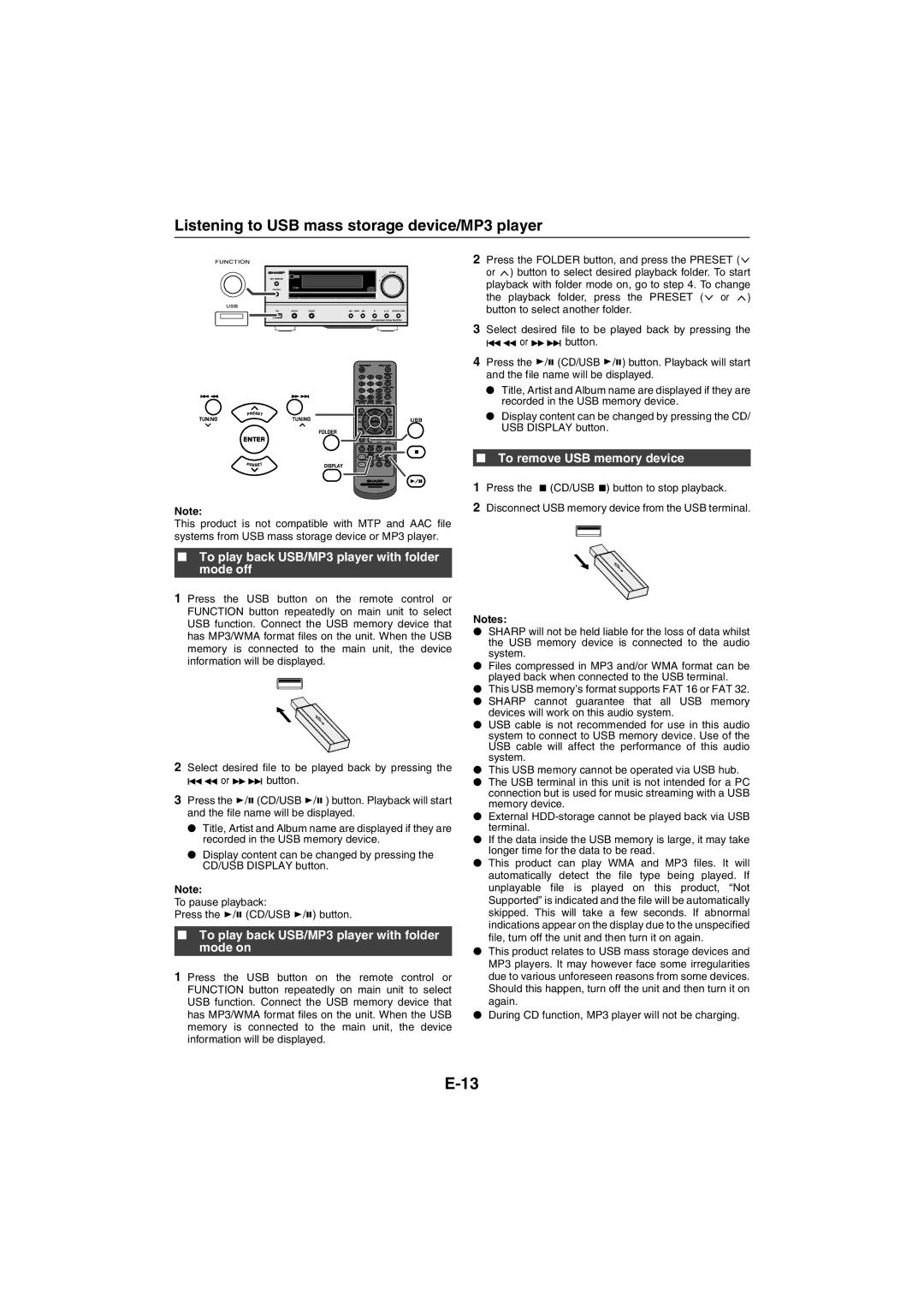 Sharp XL-HF151PH(S) Listening to USB mass storage device/MP3 player, To play back USB/MP3 player with folder mode off 