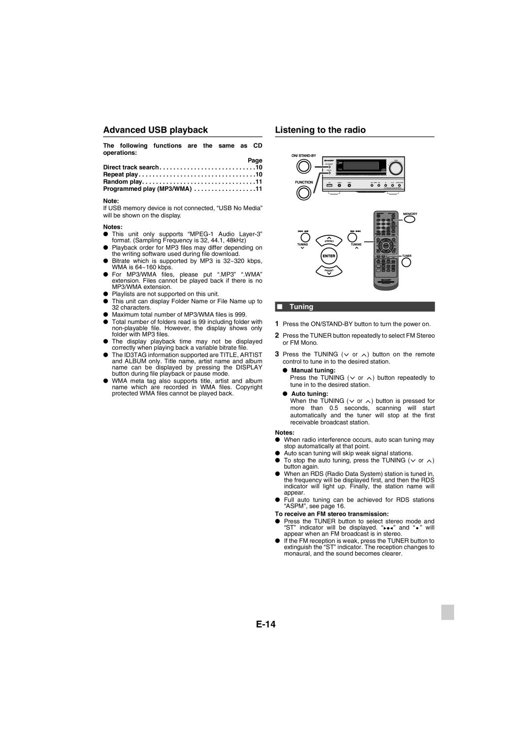 Sharp XL-HF151PH(BK), XL-HF151PH(S) operation manual Advanced USB playback Listening to the radio, Tuning 