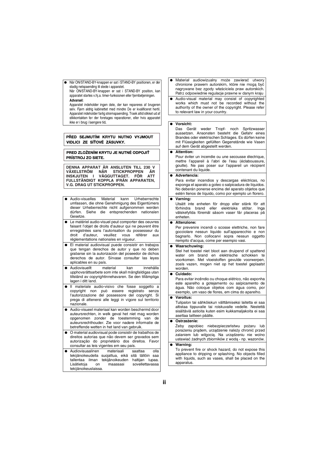 Sharp XL-HF151PH(BK), XL-HF151PH(S) operation manual Vorsicht, Attenzione, Cuidado, Ostrzeżenie 