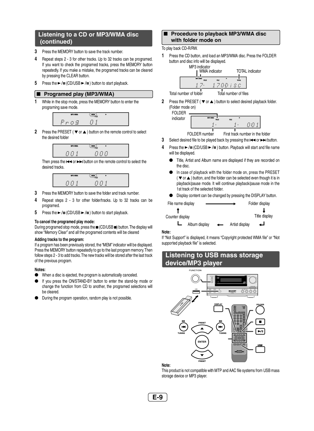 Sharp XL-HF200P(BK) operation manual Listening to USB mass storage device/MP3 player,  Programed play MP3/WMA 