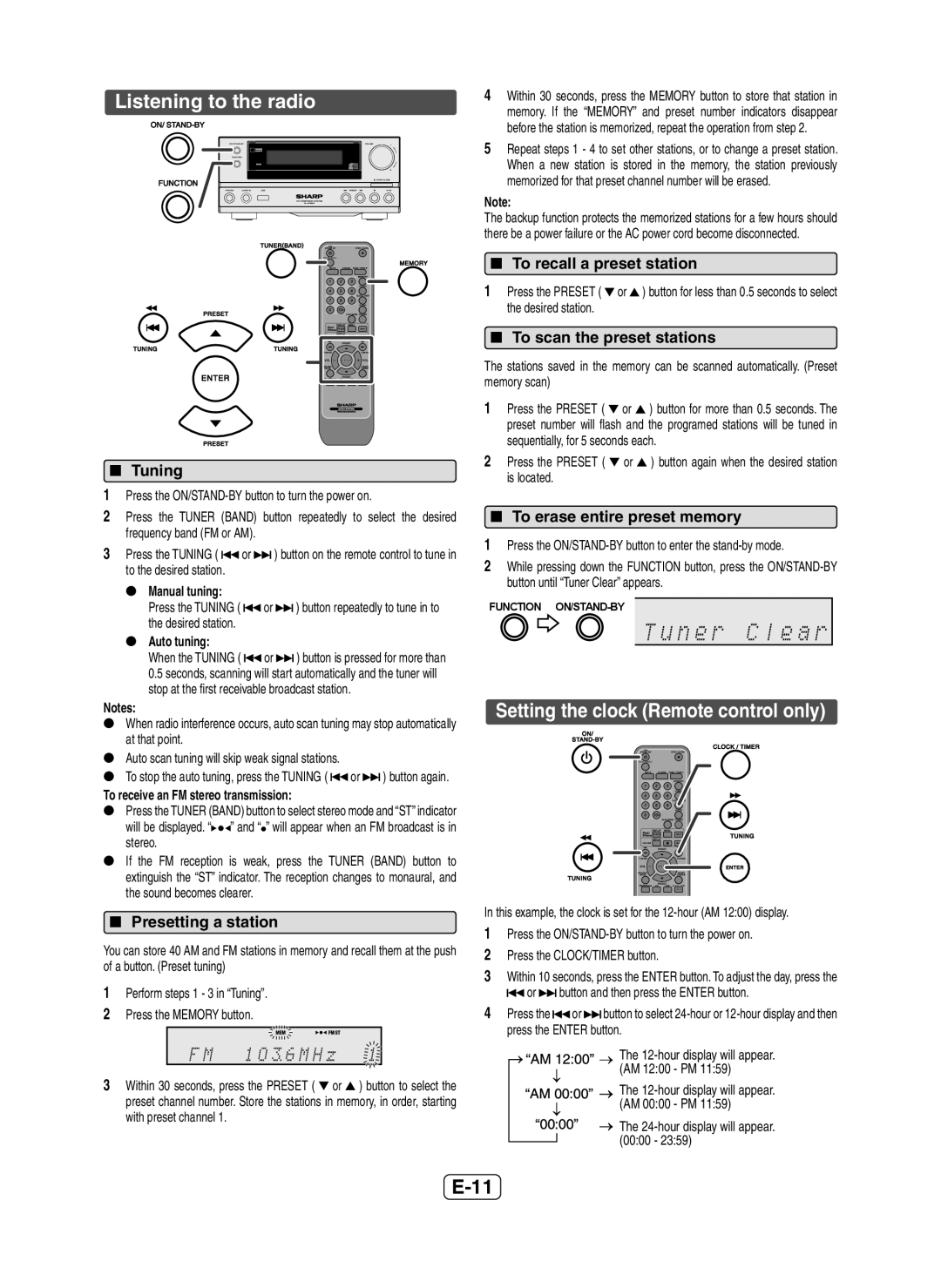 Sharp XL-HF200P(BK) operation manual Listening to the radio, Setting the clock Remote control only 