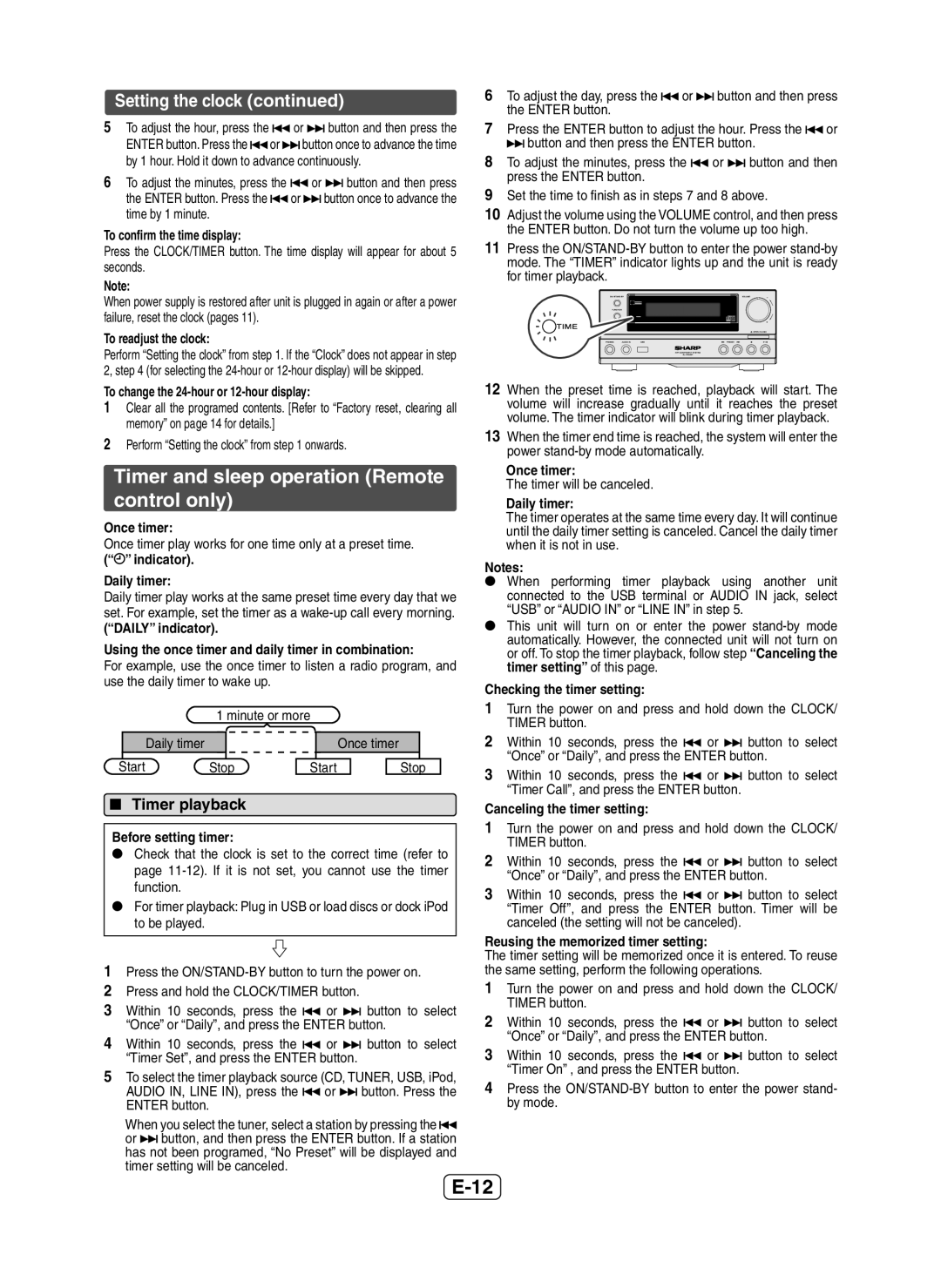 Sharp XL-HF200P(BK) operation manual Timer and sleep operation Remote control only, Setting the clock,  Timer playback 