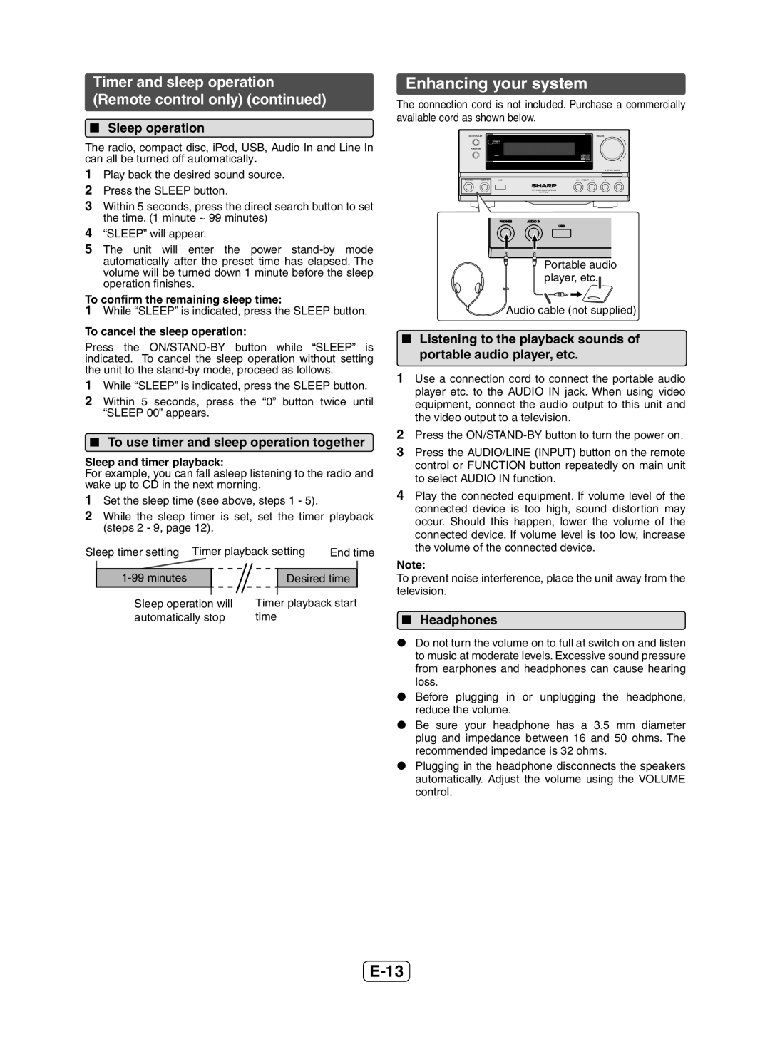 Sharp XL-HF200P(BK) Enhancing your system, Timer and sleep operation Remote control only,  Sleep operation,  Headphones 