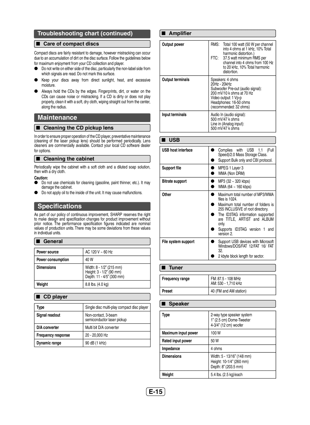 Sharp XL-HF200P(BK) operation manual Maintenance, Speciﬁcations, Troubleshooting chart 