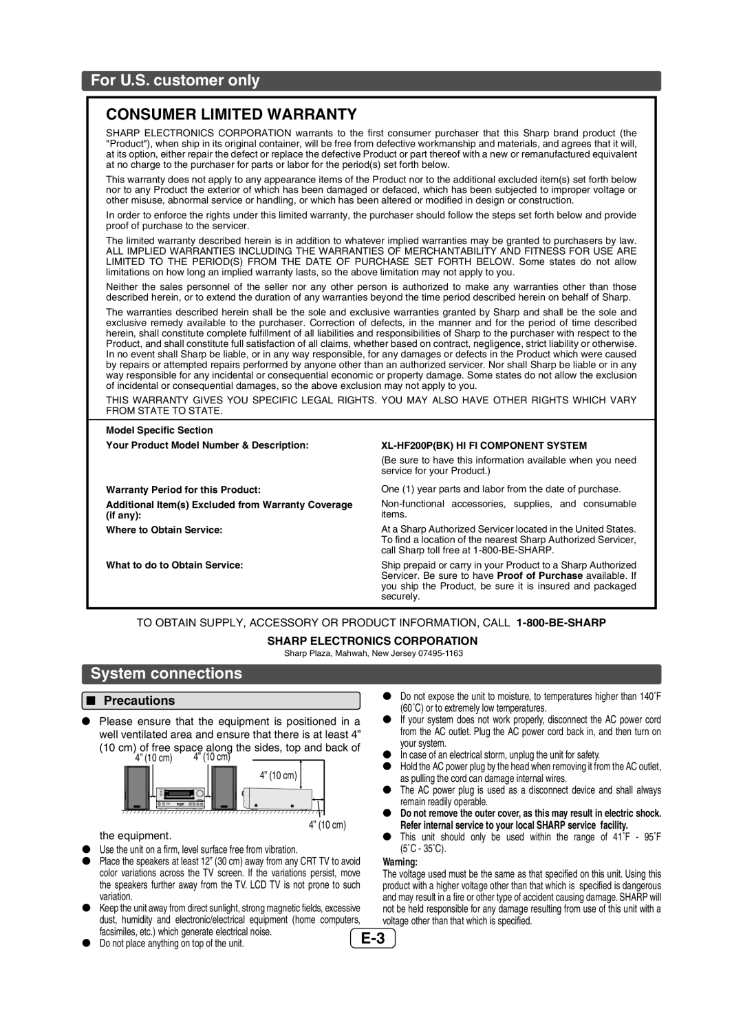 Sharp XL-HF200P(BK) operation manual For U.S. customer only, System connections,  Precautions, Facility 