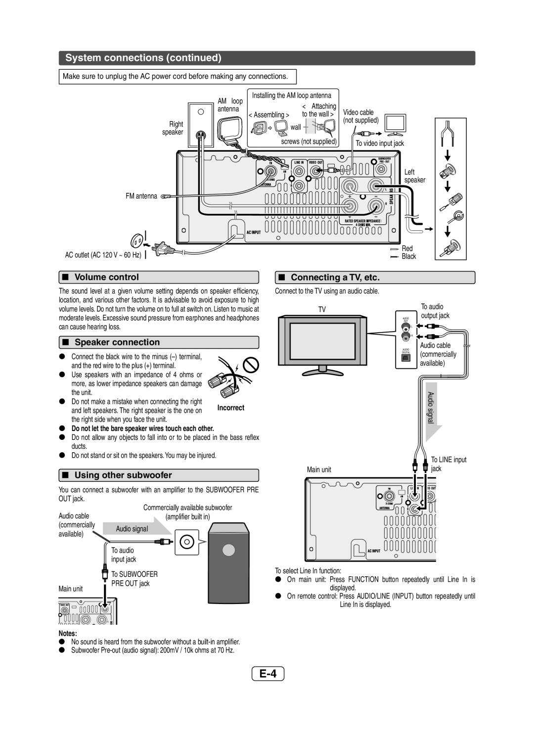 Sharp XL-HF200P(BK) operation manual System connections,  Volume control,  Speaker connection,  Using other subwoofer 