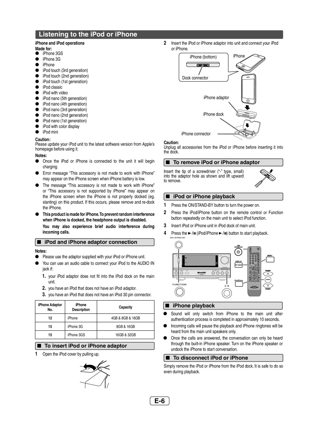 Sharp XL-HF200P(BK) operation manual Listening to the iPod or iPhone 