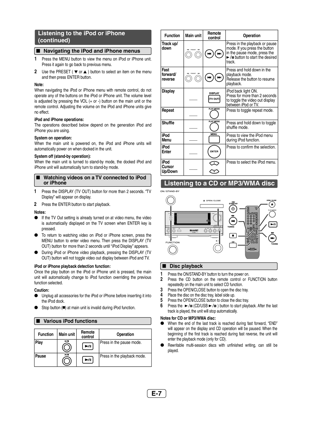 Sharp XL-HF200P(BK) operation manual Listening to a CD or MP3/WMA disc, Listening to the iPod or iPhone 