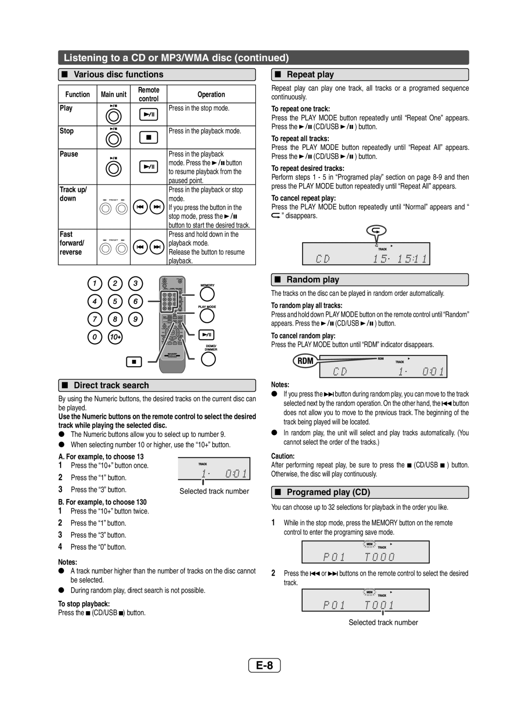 Sharp XL-HF200P(BK) operation manual Listening to a CD or MP3/WMA disc 