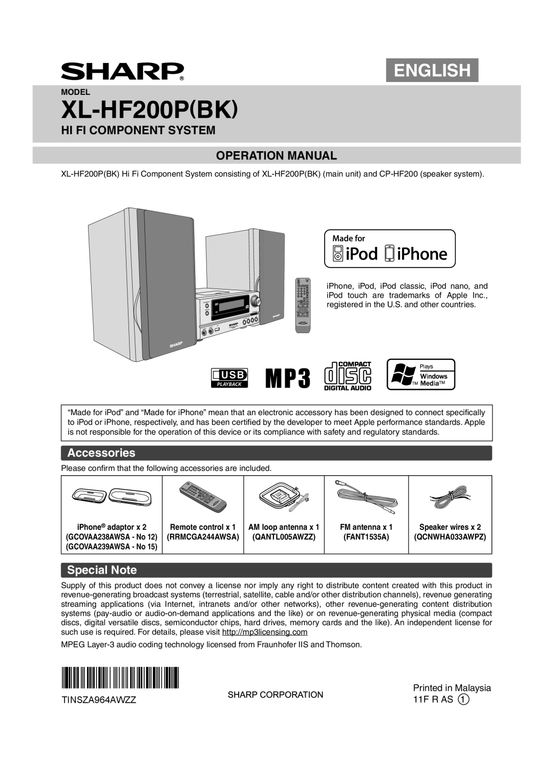 Sharp XL-HF200P(BK) operation manual Accessories, Special Note, XL-HF200PBK, English, TINSZA964AWZZ 