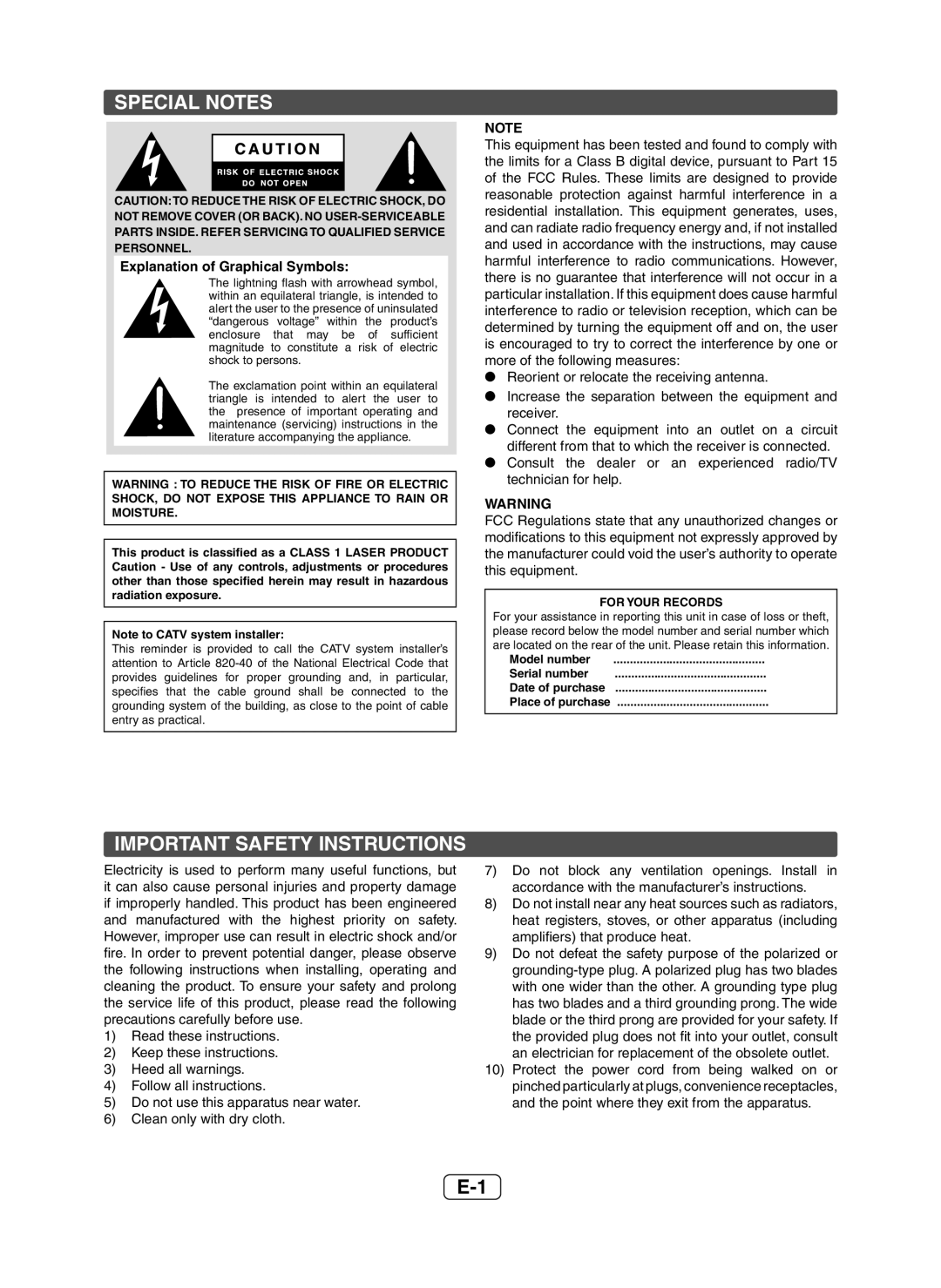Sharp XL-HF200P(BK) operation manual Special Notes, Important Safety Instructions 
