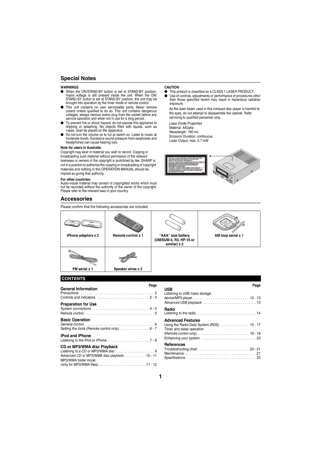 Sharp XL-HF200PH(BK), XL-HF200PH(S) operation manual Special Notes, Accessories 