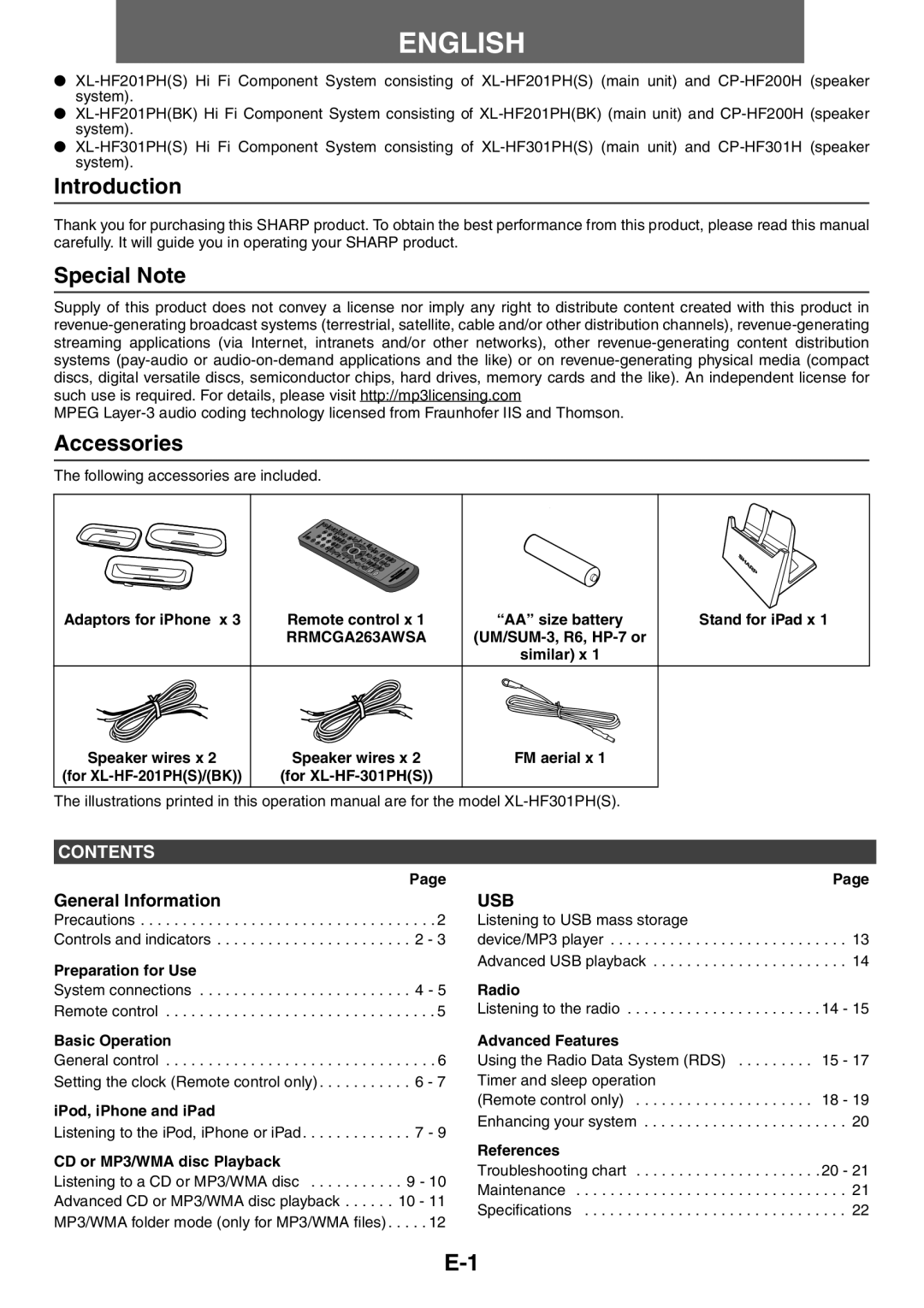 Sharp XL-HF201PH(BK), XL-HF301PH(S), XL-HF201PH(S), CP-HF200H operation manual Introduction, Special Note, Accessories 