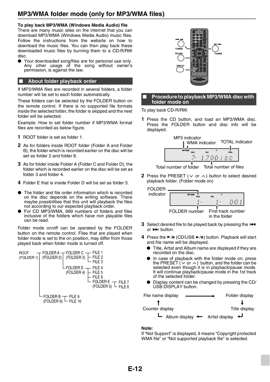 Sharp XL-HF201PH(S), XL-HF301PH(S), XL-HF201PH(BK) MP3/WMA folder mode only for MP3/WMA files, About folder playback order 