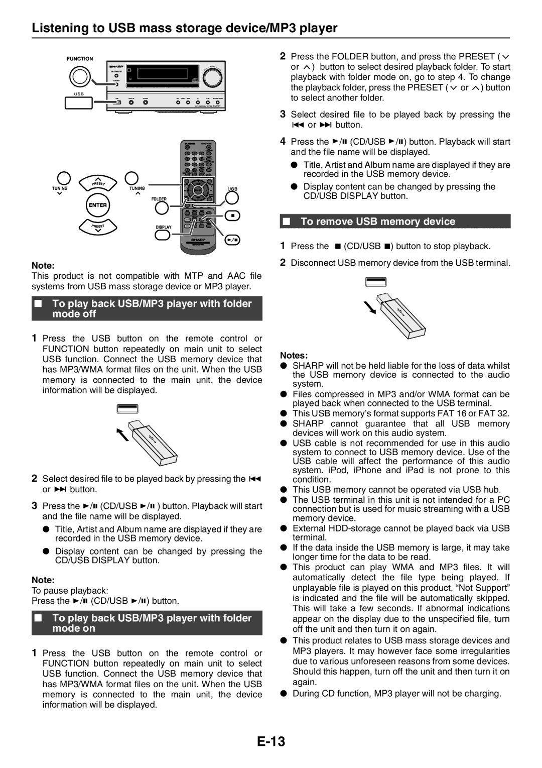 Sharp CP-HF200H Listening to USB mass storage device/MP3 player, To play back USB/MP3 player with folder mode off 