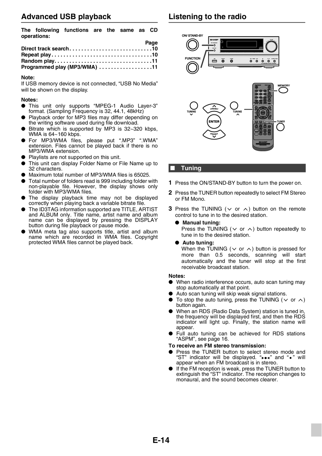 Sharp CP-HF301H, XL-HF301PH(S), XL-HF201PH(BK), XL-HF201PH(S), CP-HF200H Advanced USB playback Listening to the radio, Tuning 