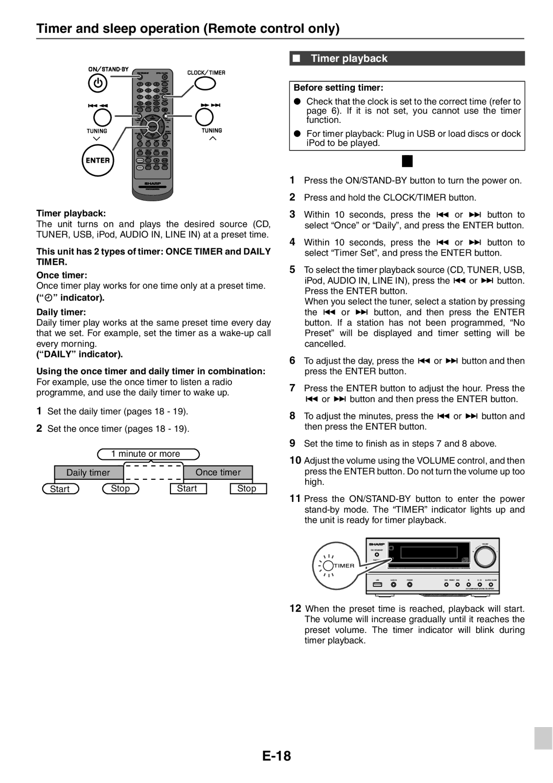 Sharp CP-HF200H, XL-HF301PH(S), XL-HF201PH(BK), XL-HF201PH(S) Timer and sleep operation Remote control only, Timer playback 