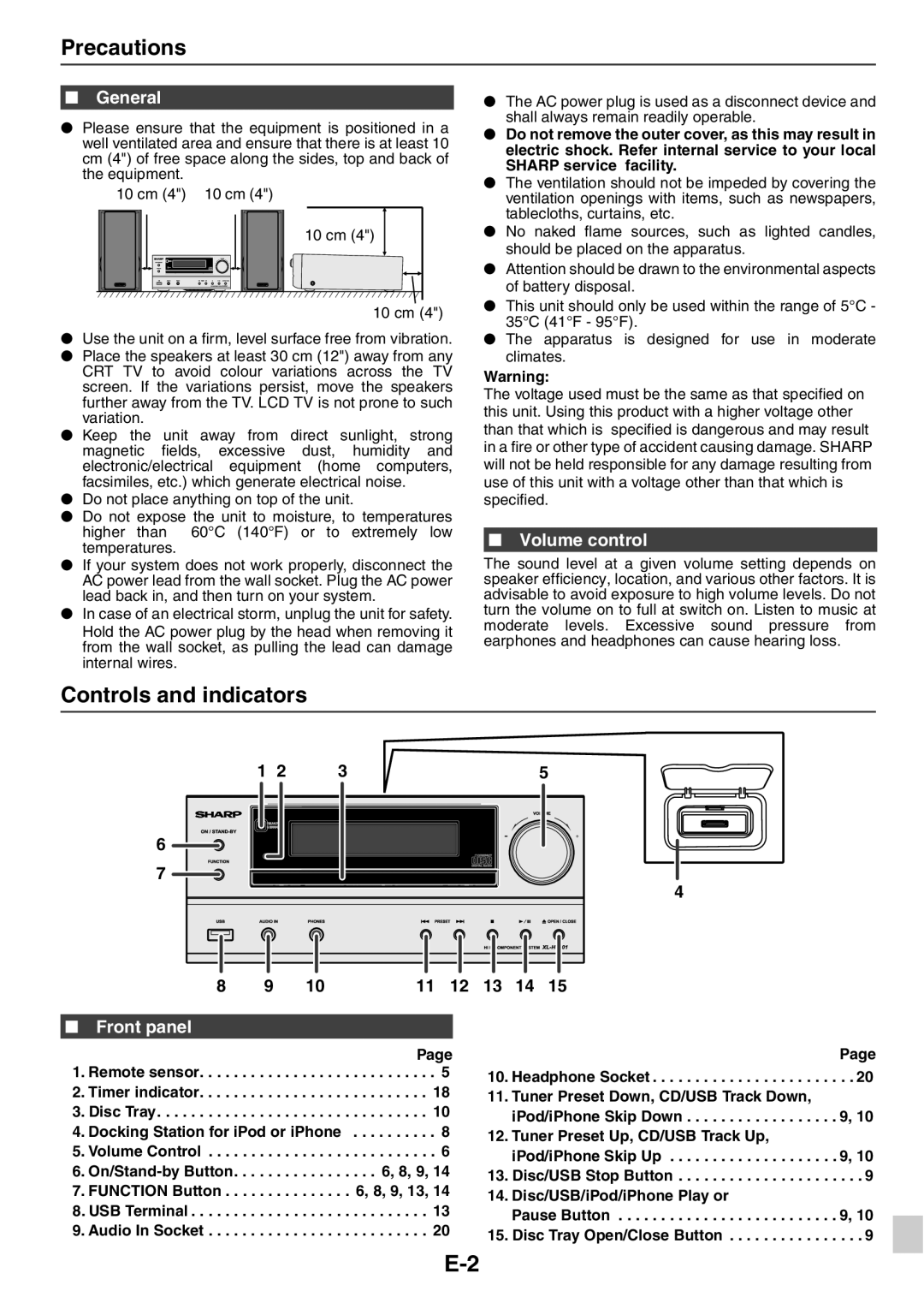 Sharp XL-HF201PH(S), XL-HF301PH(S), CP-HF200H Precautions, Controls and indicators, General, Volume control, Front panel 